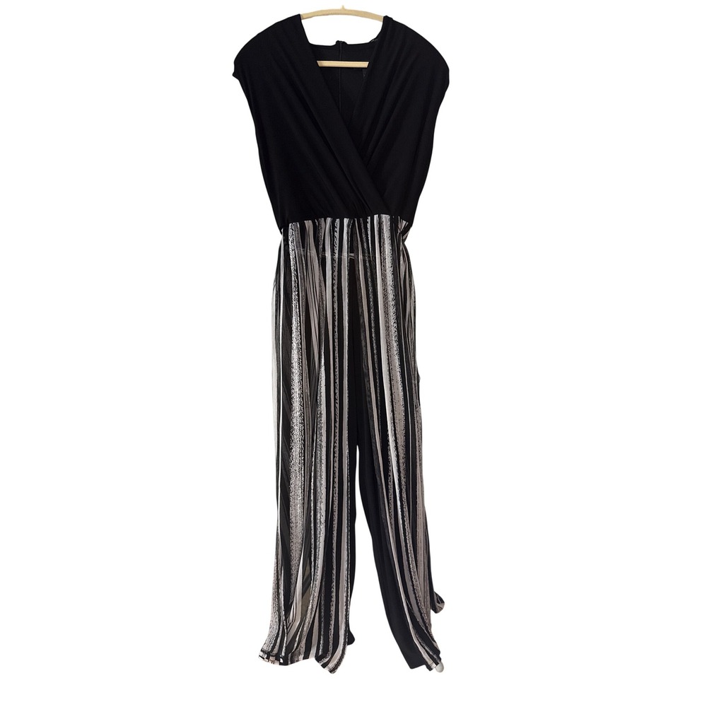 R&M Richards Womens Black Striped Overlay Wide Leg Jumpsuit Size 14‎ Sleeveless